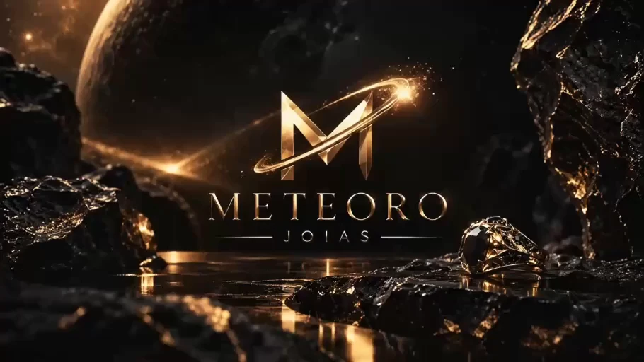 Meteoro Joias: logotipo M dourado, nome da marca e anel em cenário grafite